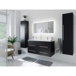 Posseik Badmöbelset Argos Schwarz Seidenglanz Inkl. LED Spiegel Mit Touch-Funkti